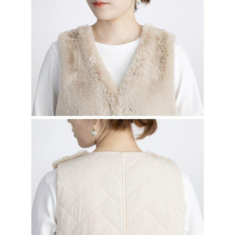 【送料無料】 エコファー×中綿ベスト 3色 レディース トップス ロング丈 ベスト ロングベスト エコファー キルト Iライン 上品 エレガント 艶 |  | 14