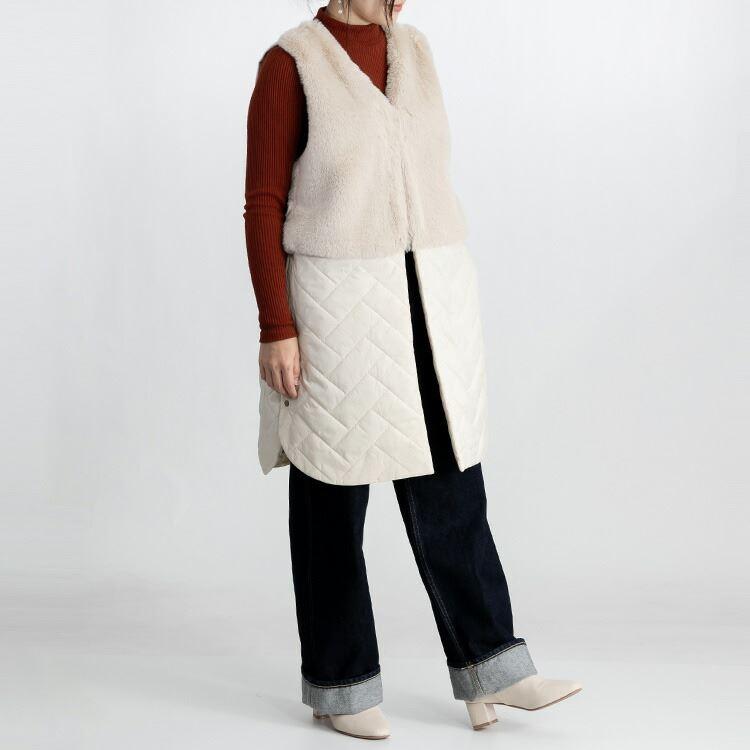 【送料無料】 エコファー×中綿ベスト 3色 レディース トップス ロング丈 ベスト ロングベスト エコファー キルト Iライン 上品 エレガント 艶 |  | 07