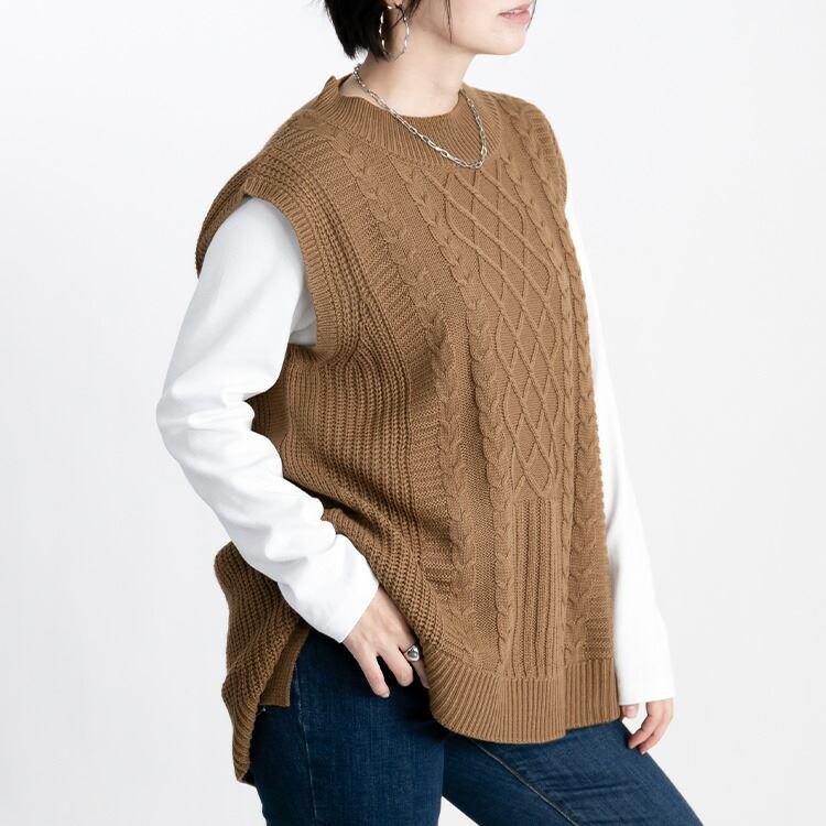 【送料無料】 ケーブル編みニットベスト 6色 M-L 洗える レディース トップス ニット プルオーバー ケーブル編み 大人かわいい アクリル 重ね着 レイヤード |  | 07