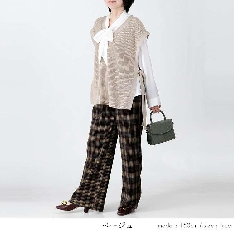 【大幅値下】 Vネックサイドリボンニットベスト 4色 洗える レディース トップス ニット レイヤード ベスト 重ね着 綿 アクリル ローゲージニット 春秋冬 |  | 08