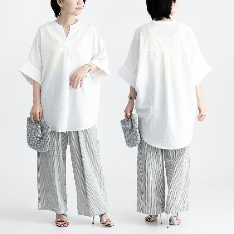 【送料無料/再入荷】ラクなのに細見えするスキッパーブラウス 5色 M-L 洗える 6分袖 軽量 レディース トップス ブラウス チュニック アイロン不要 |  | 07