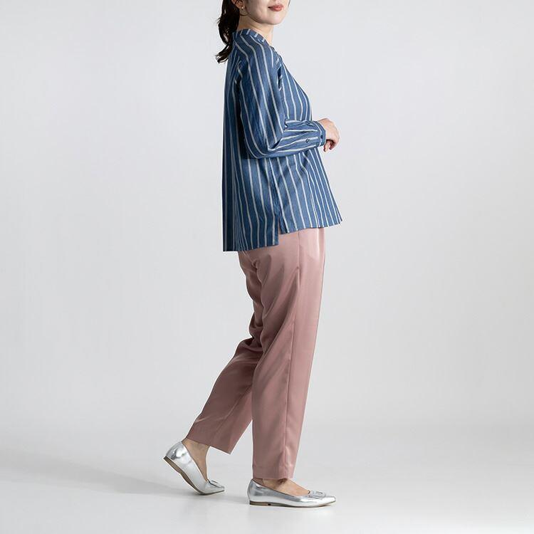 【送料無料】 パールボタン使いデニムストライプブラウス 2色 M-LL 洗える 長袖 レディース トップス ブラウス デニム シャツ ストライプ パール 春夏秋 |  | 05