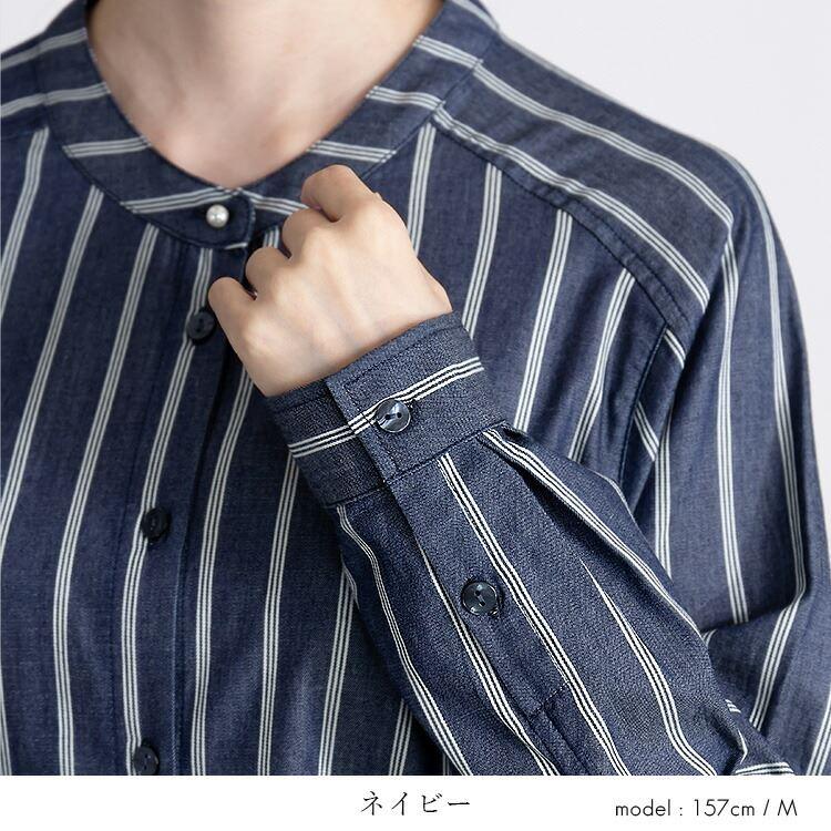 【送料無料】 パールボタン使いデニムストライプブラウス 2色 M-LL 洗える 長袖 レディース トップス ブラウス デニム シャツ ストライプ パール 春夏秋 |  | 07