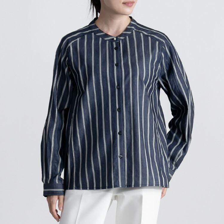 【送料無料】 パールボタン使いデニムストライプブラウス 2色 M-LL 洗える 長袖 レディース トップス ブラウス デニム シャツ ストライプ パール 春夏秋 |  | 08