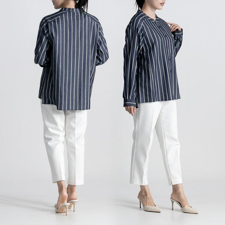 【送料無料】 パールボタン使いデニムストライプブラウス 2色 M-LL 洗える 長袖 レディース トップス ブラウス デニム シャツ ストライプ パール 春夏秋 |  | 09