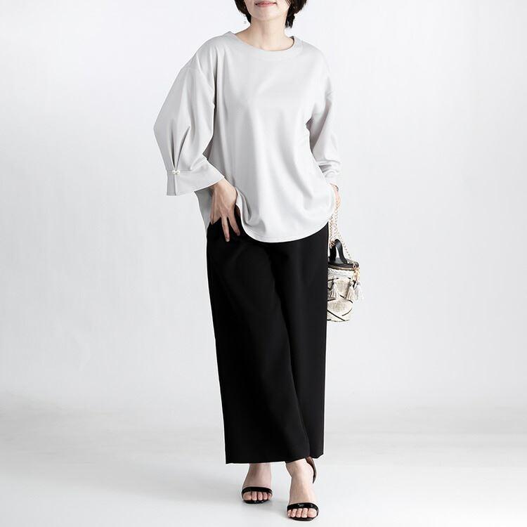 【送料無料】 パール付きチュニック 洗える ぽわん袖 七分袖 レディース トップス カットソー プルオーバー チュニック 体型隠し 大人 きれいめ 1619 |  | 06