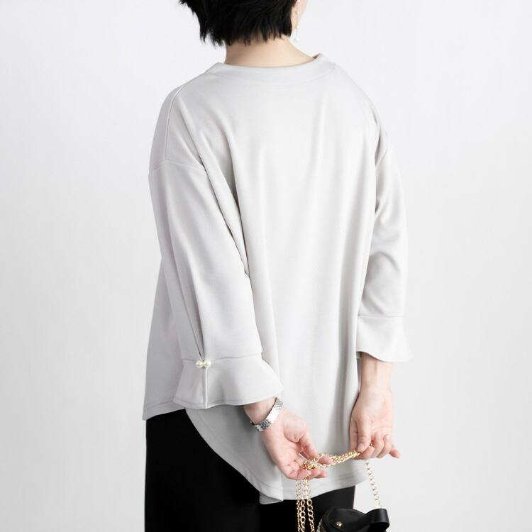 【送料無料】 パール付きチュニック 洗える ぽわん袖 七分袖 レディース トップス カットソー プルオーバー チュニック 体型隠し 大人 きれいめ 1619 |  | 07