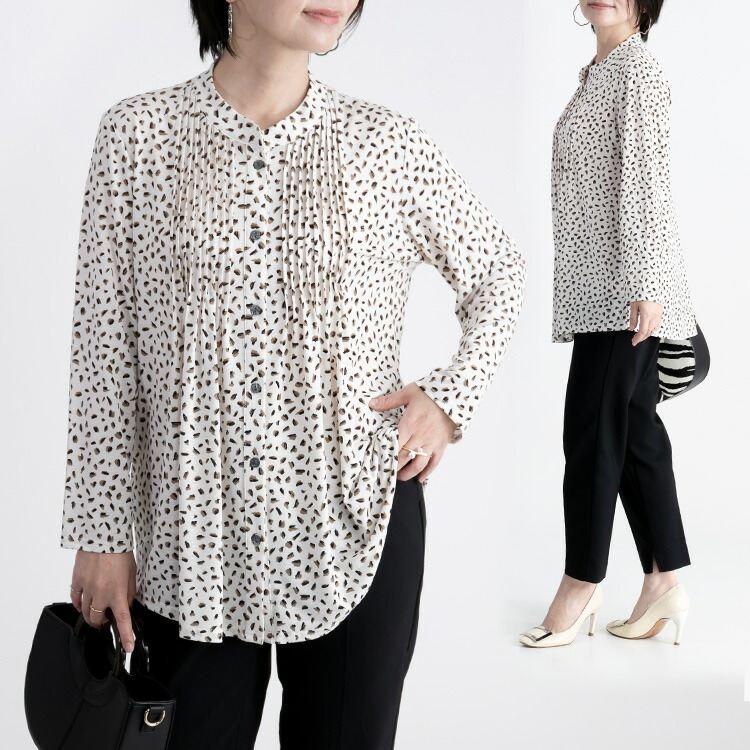 【大幅値下】 シワにならない総柄ピンタックブラウス M-LL 2柄 3色 洗える 長袖 レディース トップス ブラウス チュニック 幾何柄 速乾 ストレッチ 春秋 |  | 11