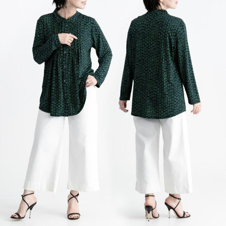 【大幅値下】 シワにならない総柄ピンタックブラウス M-LL 2柄 3色 洗える 長袖 レディース トップス ブラウス チュニック 幾何柄 速乾 ストレッチ 春秋 |  | 08