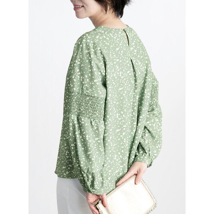 【送料無料】シャーリングブラウス 洗える 長袖 レディース トップス ブラウス チュニック 柄 ラウンドネック 上品 キレイめ 総柄 3589 |  | 03