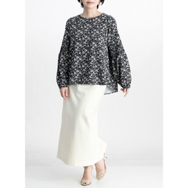 【送料無料】シャーリングブラウス 洗える 長袖 レディース トップス ブラウス チュニック 柄 ラウンドネック 上品 キレイめ 総柄 3589 |  | 04