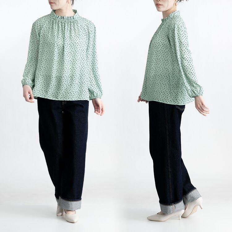 【送料無料】 ギャザー衿ブラウス M L 洗える 長袖 レディース トップス ブラウス プリント 幾何柄 大人 とろみ きちんと感 きれいめ |  | 10