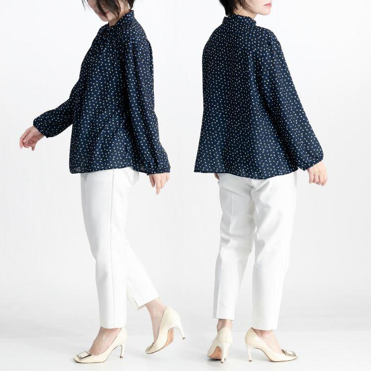 【送料無料】 ギャザー衿ブラウス M L 洗える 長袖 レディース トップス ブラウス プリント 幾何柄 大人 とろみ きちんと感 きれいめ |  | 12