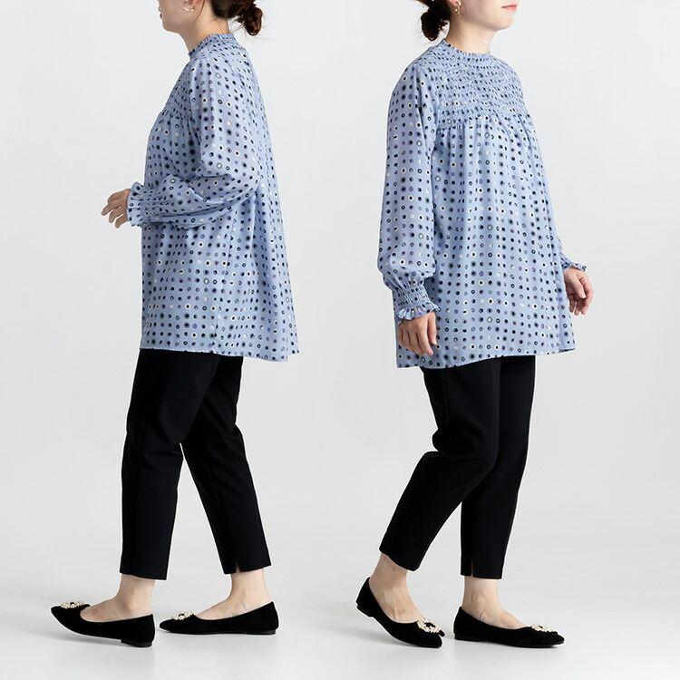 【送料無料】 カラフルドット柄シャーリングブラウス 3色 M L 洗える 防シワ 長袖 レディース トップス ブラウス チュニック シャーリング 水玉柄 春秋冬 |  | 11