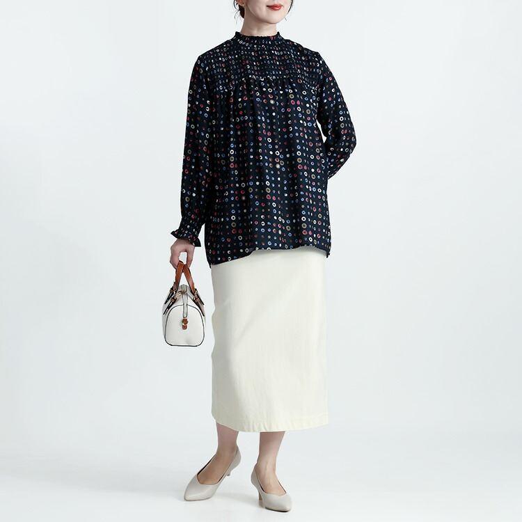 【送料無料】 カラフルドットのシャーリングブラウス 3色 M L 洗える 防シワ 長袖 レディース トップス ブラウス チュニック ドット柄 水玉柄 プリント |  | 12