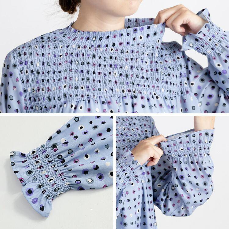 【送料無料】 カラフルドットのシャーリングブラウス 3色 M L 洗える 防シワ 長袖 レディース トップス ブラウス チュニック ドット柄 水玉柄 プリント |  | 14