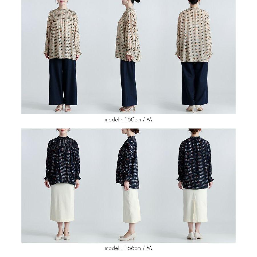 【送料無料】 カラフルドット柄シャーリングブラウス 3色 M L 洗える 防シワ 長袖 レディース トップス ブラウス チュニック シャーリング 水玉柄 春秋冬 |  | 16