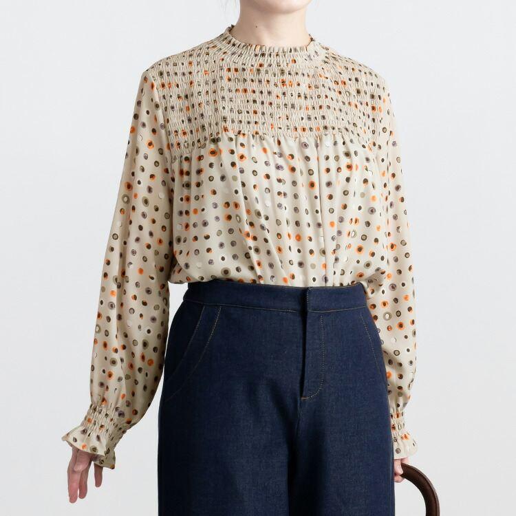 【送料無料】 カラフルドット柄シャーリングブラウス 3色 M L 洗える 防シワ 長袖 レディース トップス ブラウス チュニック シャーリング 水玉柄 春秋冬 |  | 07