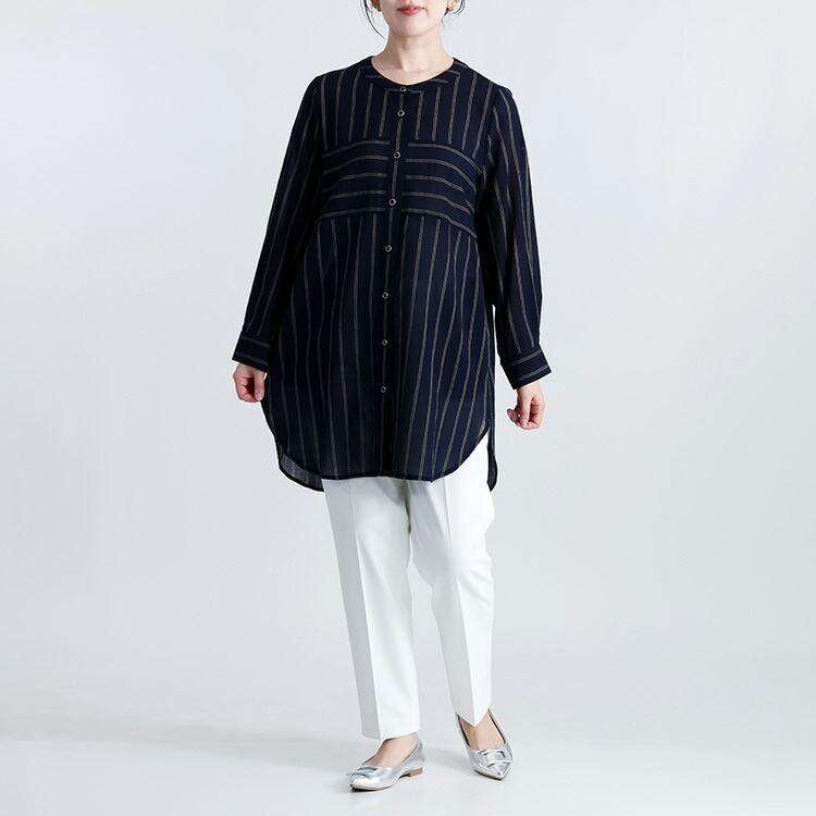 【送料無料/再入荷】 ストライプブラウス 2色 M L 長袖 レディース トップス ブラウス ロング ストライプ 綿 体型カバー 春夏秋 4420 |  | 11