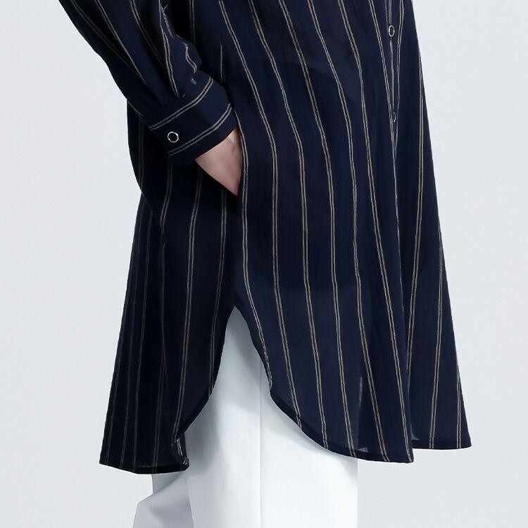 【送料無料/再入荷】 ストライプブラウス 2色 M L 長袖 レディース トップス ブラウス ロング ストライプ 綿 体型カバー 春夏秋 4420 |  | 12