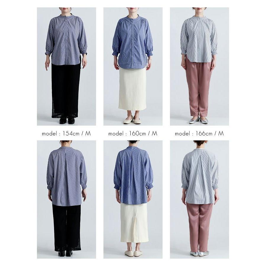【再入荷】【送料無料】 ぽわん袖ストライプブラウス M L 接触冷感 UVカット 洗える 七分袖 レディース トップス ブラウス ストライプ柄 大人 キレイめ 上品 綿 |  | 20