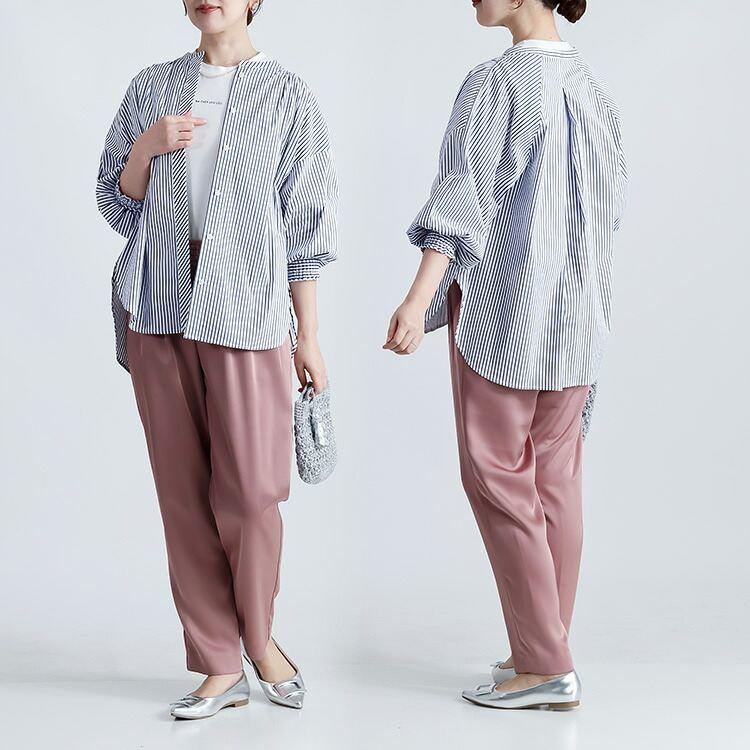 【再入荷】【送料無料】 ぽわん袖ストライプブラウス M L 接触冷感 UVカット 洗える 七分袖 レディース トップス ブラウス ストライプ柄 大人 キレイめ 上品 綿 |  | 11