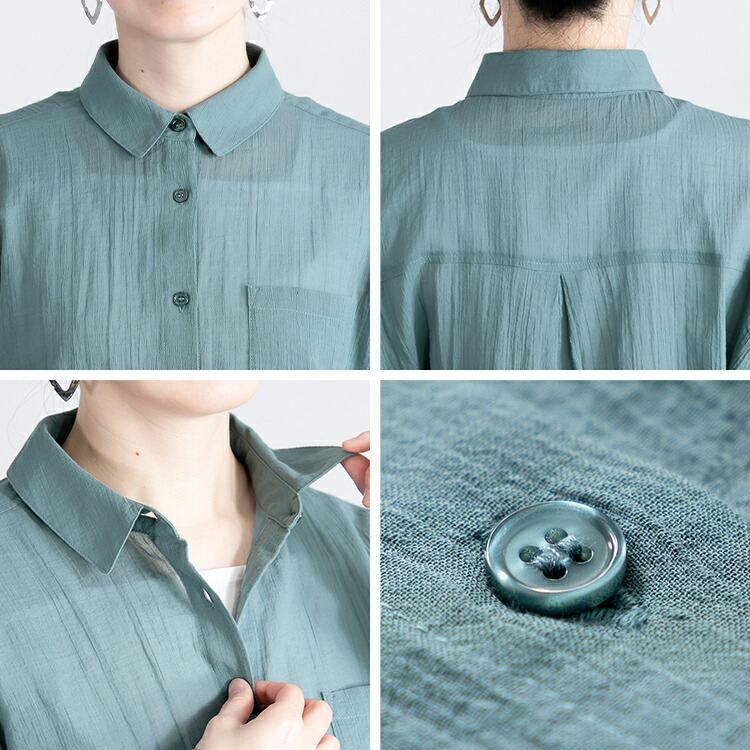 【送料無料/再入荷】 綿100％楊柳ブラウス 6色 M-LL 洗える 長袖 楊柳 レディース トップス ブラウス シャツ ゆったり 透け感 軽量 |  | 15