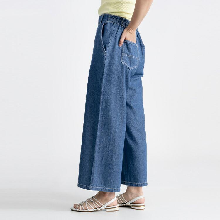 【送料無料/再入荷】 綿100％デニムワイドパンツ 4色 M L 洗える レディース ボトムス パンツ ワイドパンツ デニム ガウチョパンツ ウエストゴム 楽ちん |  | 10