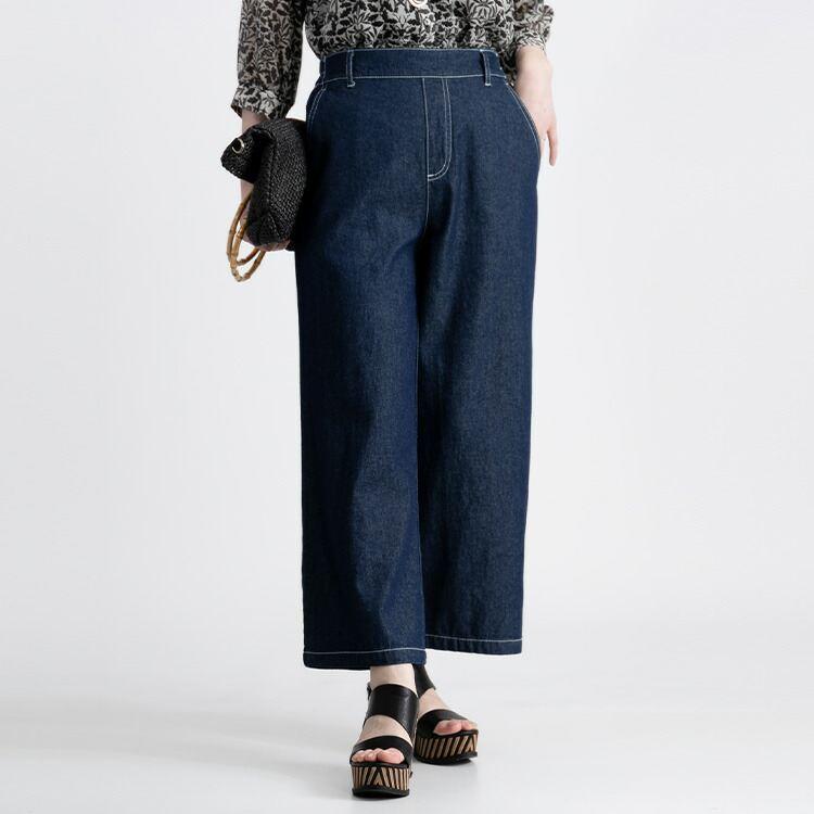 【送料無料/再入荷】 綿100％デニムワイドパンツ 4色 M L 洗える レディース ボトムス パンツ ワイドパンツ デニム ガウチョパンツ ウエストゴム 楽ちん |  | 13
