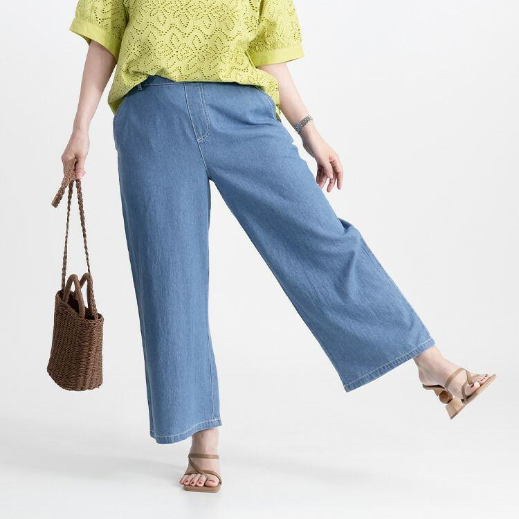 【送料無料/再入荷】 綿100％デニムワイドパンツ 4色 M L 洗える レディース ボトムス パンツ ワイドパンツ デニム ガウチョパンツ ウエストゴム 楽ちん |  | 08