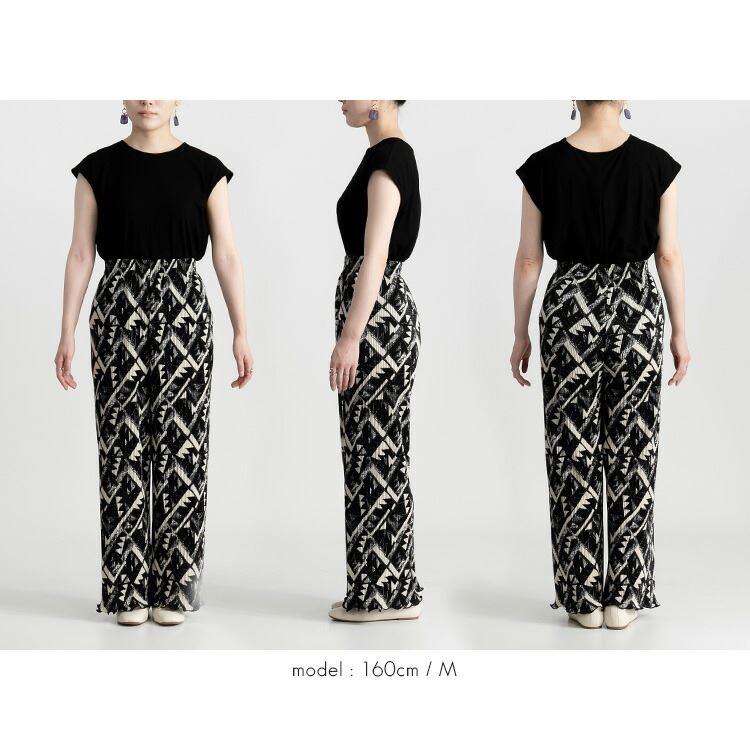 【送料無料】 総柄プリーツパンツ 洗える ロング丈 プリーツ レディース ボトムス ウエストゴム ストレッチ ロングパンツ 上品 春秋 5434 |  | 07