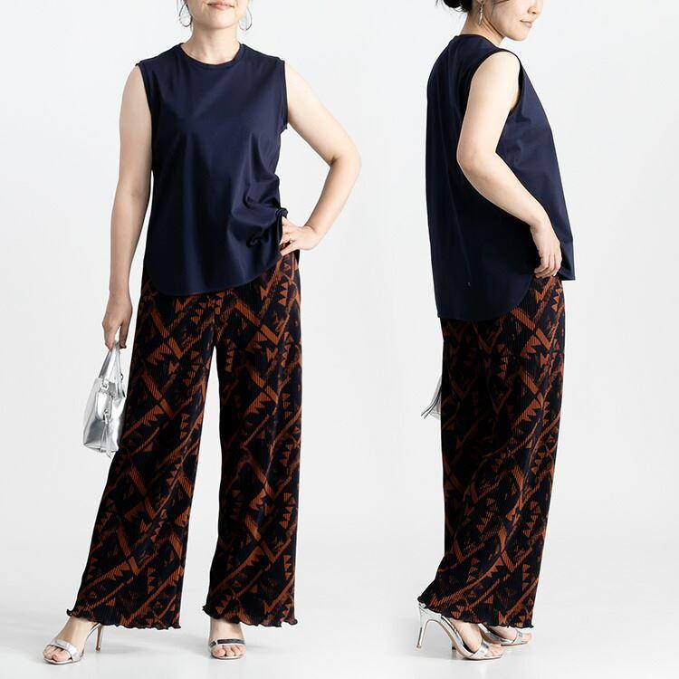 【送料無料】 総柄プリーツパンツ 洗える ロング丈 プリーツ レディース ボトムス ウエストゴム ストレッチ ロングパンツ 上品 春秋 5434 |  | 09