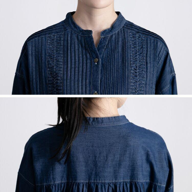 【送料無料】 ピンタック使いデニムワンピース 2色 M L 洗える 長袖 レディース ワンピース シャツワンピース ピンタック スタンドカラー デニム 綿100％ |  | 11