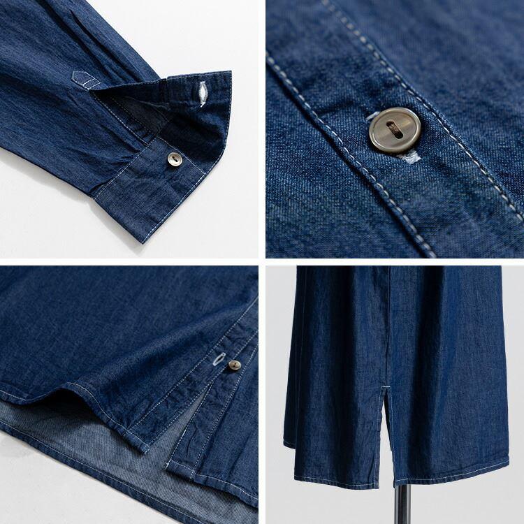 【送料無料】 ピンタック使いデニムワンピース 2色 M L 洗える 長袖 レディース ワンピース シャツワンピース ピンタック スタンドカラー デニム 綿100％ |  | 12