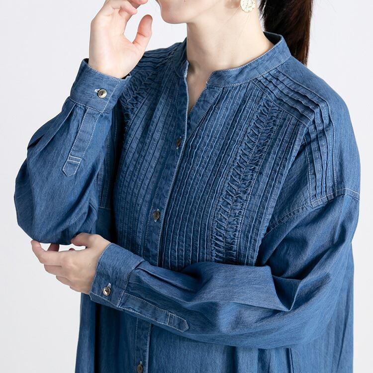 【送料無料】 ピンタック使いデニムワンピース 2色 M L 洗える 長袖 レディース ワンピース シャツワンピース ピンタック スタンドカラー デニム 綿100％ |  | 05