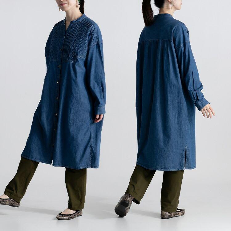 送料無料】 ピンタック使いデニムワンピース 2色 M L 洗える 長袖