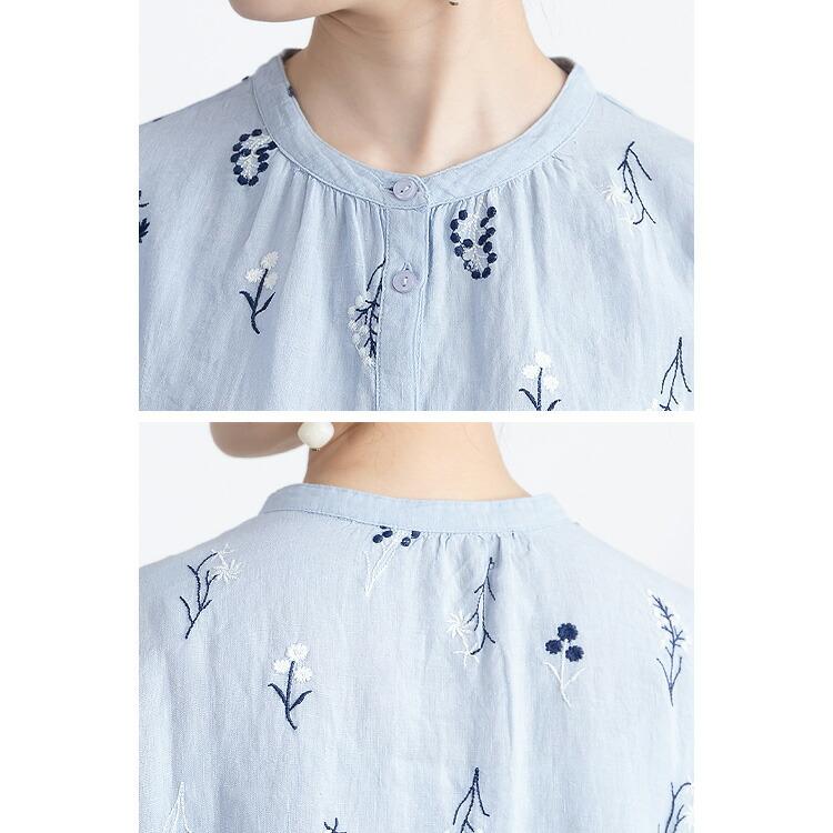 【送料無料】 麻100%お花刺繍ブラウス 洗える 長袖 レディース トップス ブラウス ナチュラル きれいめ 体型カバー 前あき リネン 春夏 5878 |  | 14