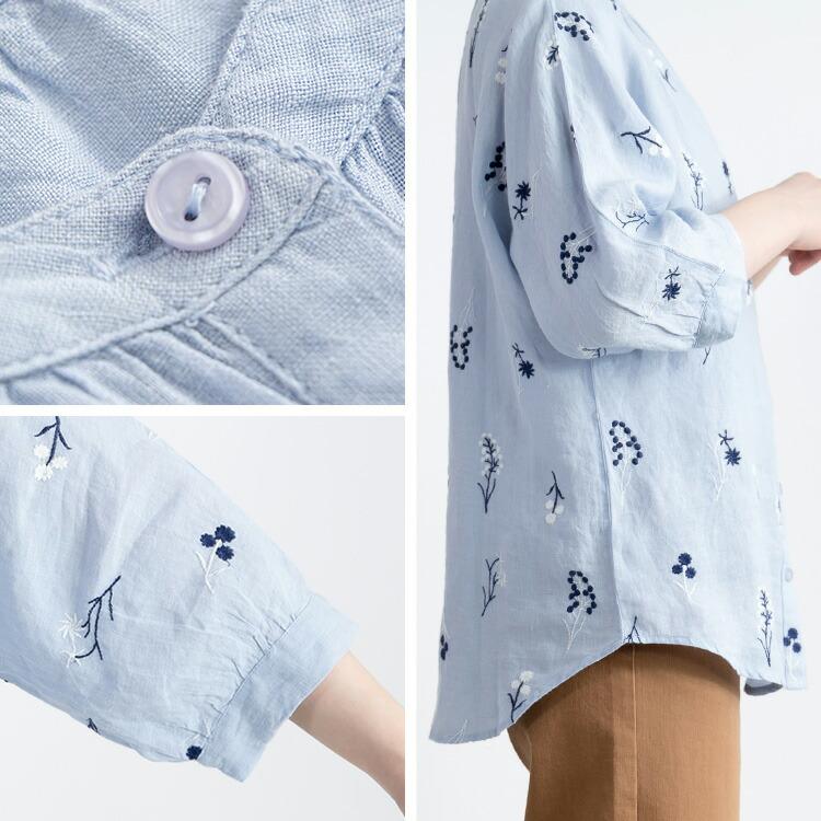 【送料無料】 麻100%お花刺繍ブラウス 洗える 長袖 レディース トップス ブラウス ナチュラル きれいめ 体型カバー 前あき リネン 春夏 5878 |  | 15