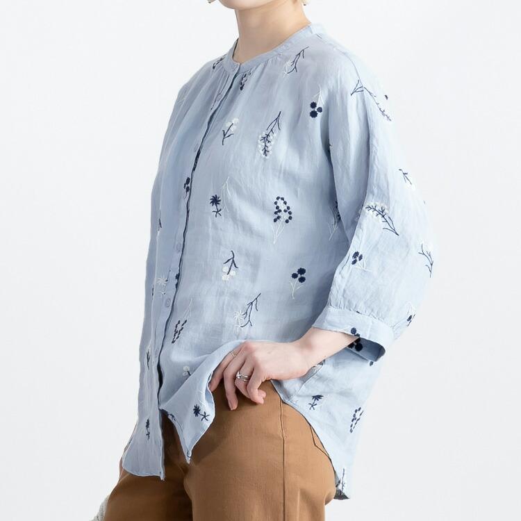 【送料無料】 麻100%お花刺繍ブラウス 洗える 長袖 レディース トップス ブラウス ナチュラル きれいめ 体型カバー 前あき リネン 春夏 5878 |  | 09