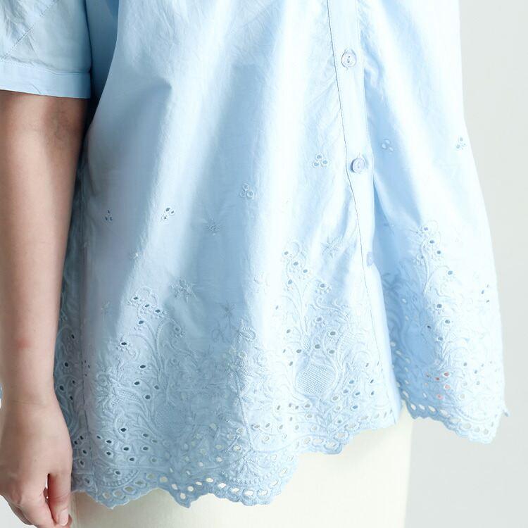 【送料無料】刺繍使いシャツブラウス 4色 M-L 洗える 半袖 レディース トップス ブラウス チュニック 体型カバー 華やぐ 綿100% 大人 キレイめ 上品 夏 3088◇ |  | 14