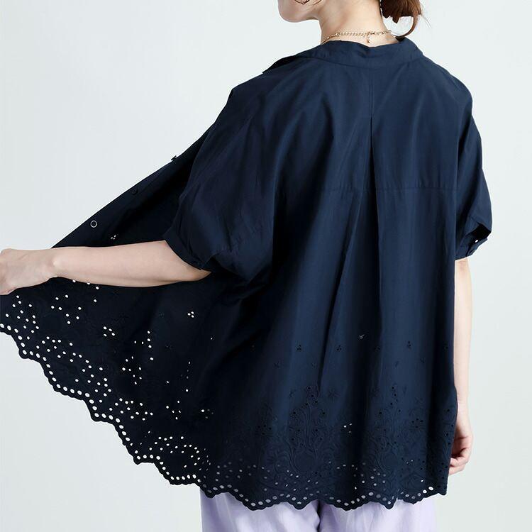 【送料無料】刺繍使いシャツブラウス 4色 M-L 洗える 半袖 レディース トップス ブラウス チュニック 体型カバー 華やぐ 綿100% 大人 キレイめ 上品 夏 3088◇ |  | 16