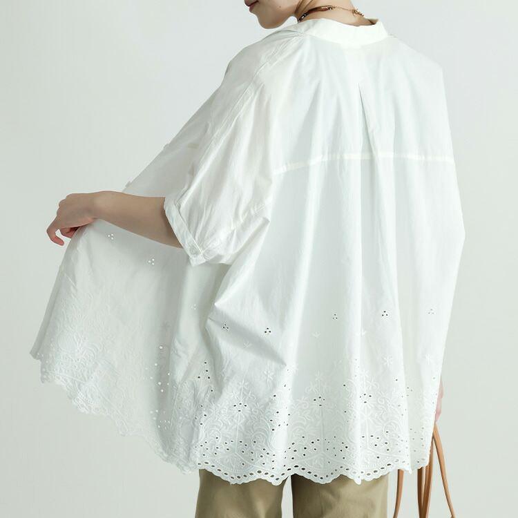 【送料無料】刺繍使いシャツブラウス 4色 M-L 洗える 半袖 レディース トップス ブラウス チュニック 体型カバー 華やぐ 綿100% 大人 キレイめ 上品 夏 3088◇ |  | 10