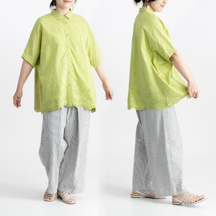 【送料無料】 刺繍使いシャツブラウス 洗える 半袖 レディース トップス ブラウス チュニック 体型カバー 華やぐ 綿100% 大人 キレイめ 上品 夏 3088 |  | 08