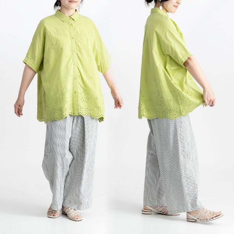 【送料無料】刺繍使いシャツブラウス 4色 M-L 洗える 半袖 レディース トップス ブラウス チュニック 体型カバー 華やぐ 綿100% 大人 キレイめ 上品 夏 3088◇ |  | 12