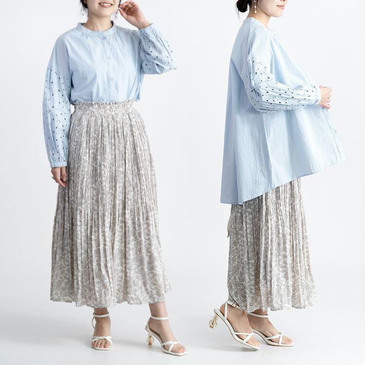 【送料無料】袖刺繍ブラウス 3色 M L 洗える 綿100% 長袖 レディース トップス ブラウス チュニック 袖刺? 体型カバー |  | 13