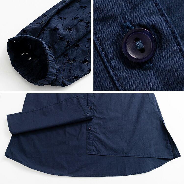 【送料無料】袖刺繍ブラウス 3色 M L 洗える 綿100% 長袖 レディース トップス ブラウス チュニック 袖刺? 体型カバー |  | 18