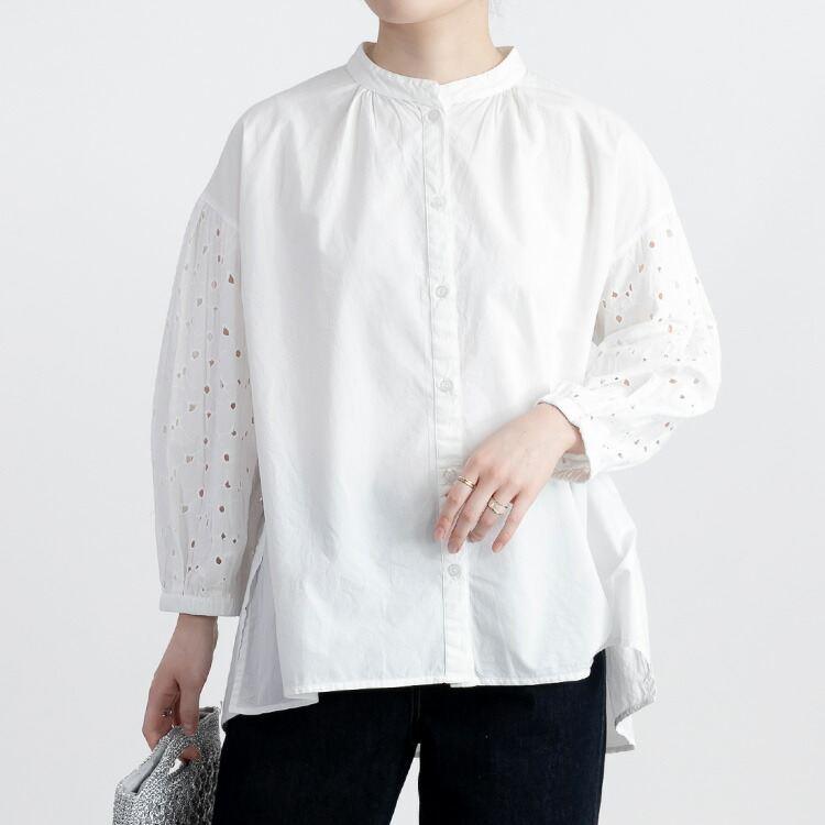 【送料無料】袖刺繍ブラウス 3色 M L 洗える 綿100% 長袖 レディース トップス ブラウス チュニック 袖刺? 体型カバー |  | 09