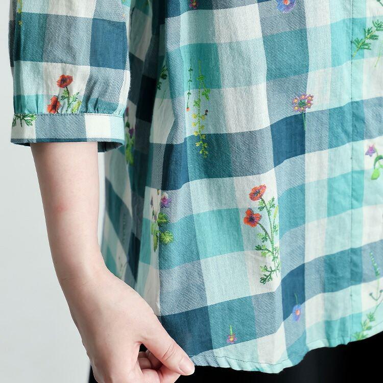【送料無料】チェック柄と刺繍ブラウス 3色 M L 綿100% 洗える 七分袖 レディース トップス ブラウス スタンドカラー 植物 ガーデン チェック 格子柄 夏 |  | 15