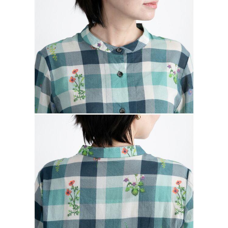 【送料無料】チェック柄と刺繍ブラウス 3色 M L 綿100% 洗える 七分袖 レディース トップス ブラウス スタンドカラー 植物 ガーデン チェック 格子柄 夏 |  | 17