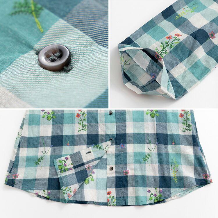 【送料無料】チェック柄と刺繍ブラウス 3色 M L 綿100% 洗える 七分袖 レディース トップス ブラウス スタンドカラー 植物 ガーデン チェック 格子柄 夏 |  | 18